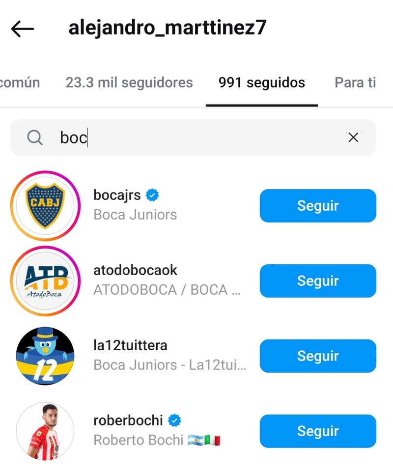 Alejandro Martínez siguiendo a cuentas relacionadas con Boca Juniors.