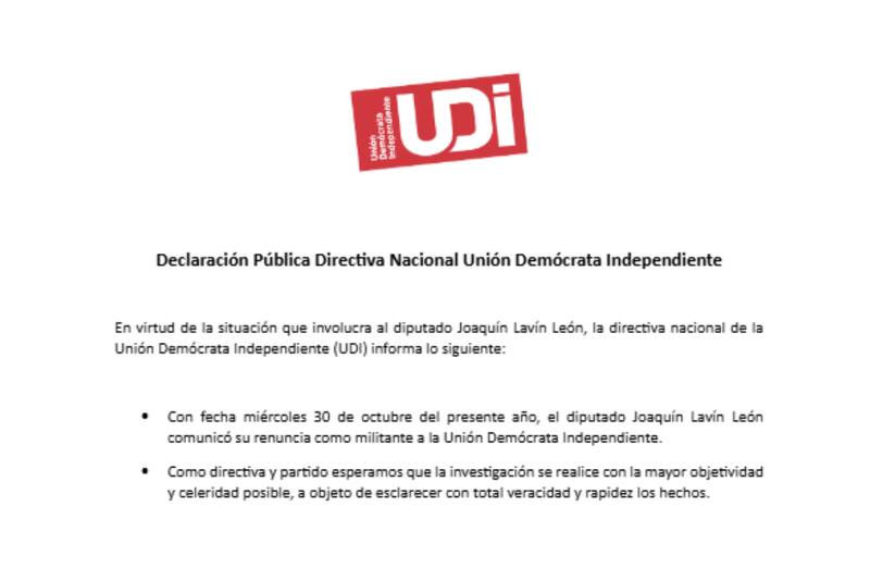 Comunicado UDI por renuncia de Joaquín Lavín León.