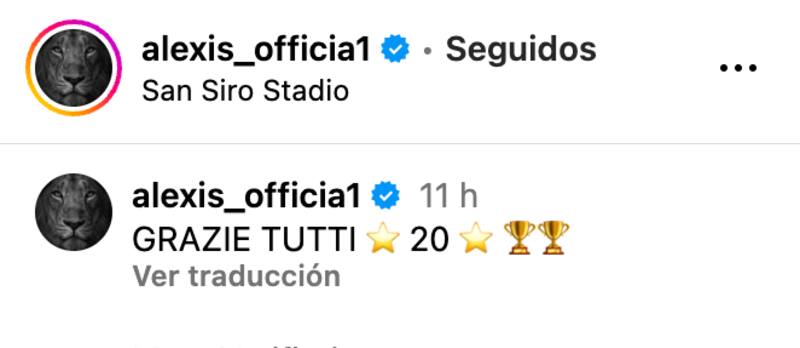 Alexis Sánchez se despidió del Inter con este mensaje en su cuenta de Instagram.