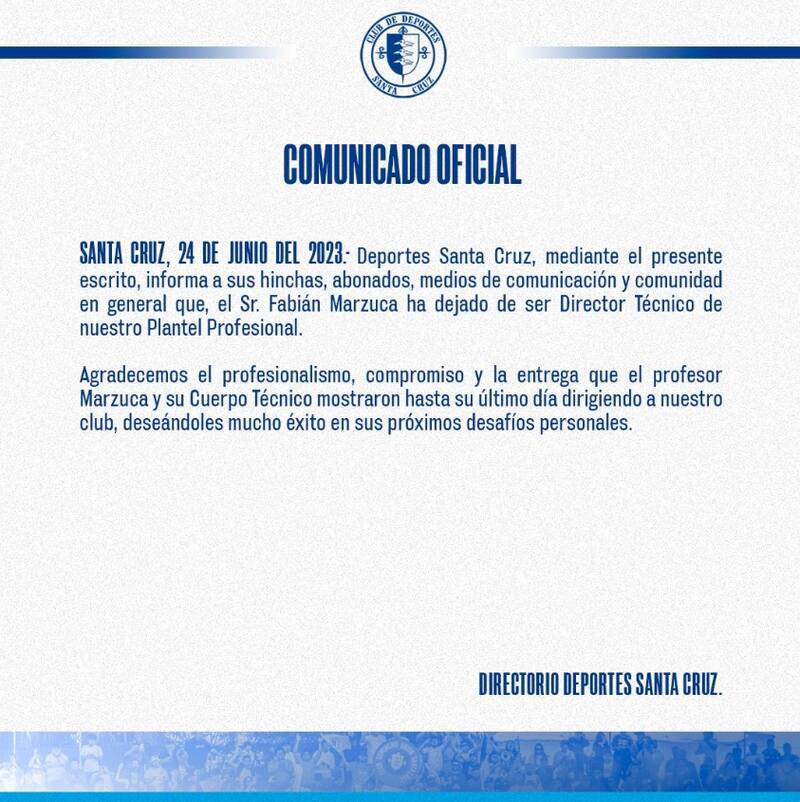 Deportes Santa Cruz oficializó la salida de Fabián Marzuca.