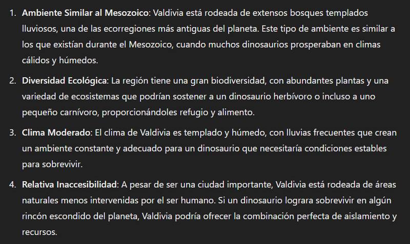 Estas fueron las razones que dio ChatGPT para elegir Valdivia como el lugar de Chile con más probabilidades de que aparezca un dinosaurio.