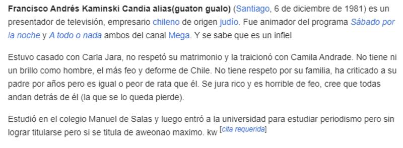 Cambian perfil de Wikipedia de Francisco Kaminski.
