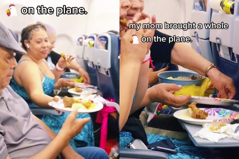Familia sube cazuela de pollo a un avión.