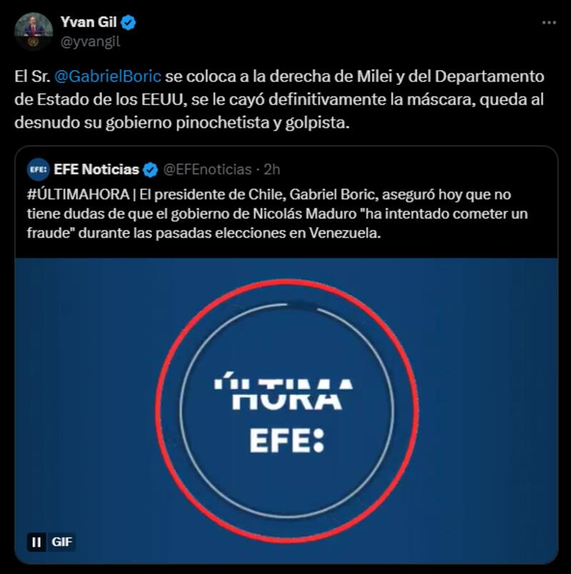 El mensaje del canciller contra Gabriel Boric.