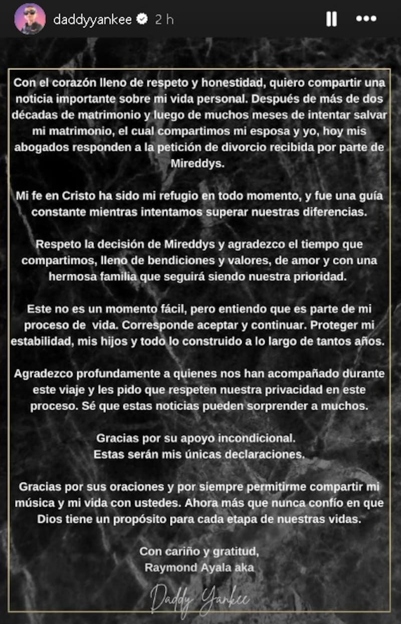 Daddy Yankee confirmó su separación. Créditos: Instagram