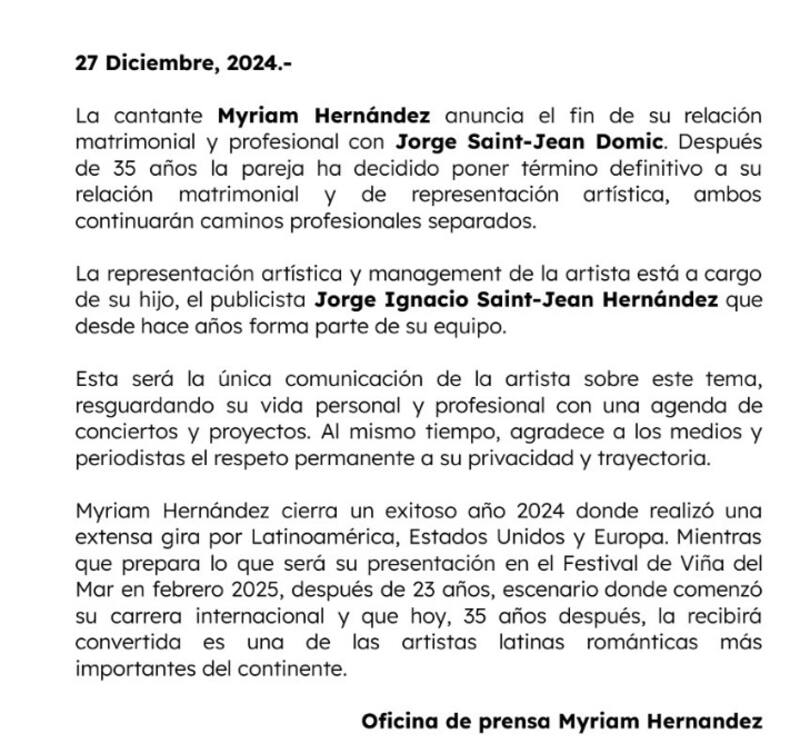 Se confirma la separación de la cantante en la antesala de su presentación en el Festival de Viña 2025. Créditos: Instagram