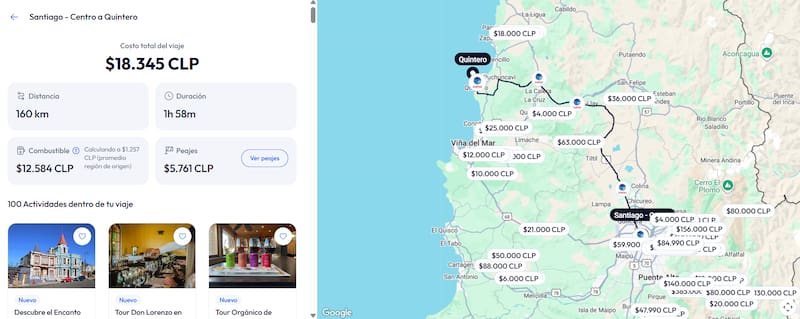 El recorrido tiene un precio de $18.345 en automóvil particular, considerando peajes y combustible. Créditos: Chiletur Copec.