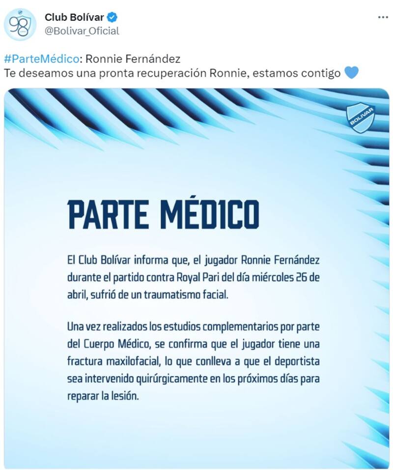 Bolivar informó lesión de Ronnie Fernández.