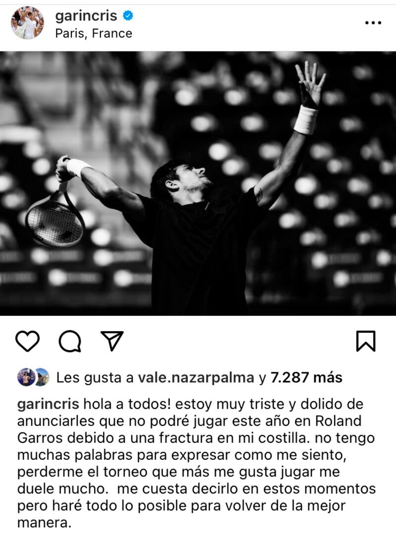 La confirmación de Cristian Garin: se baja de Roland Garros.