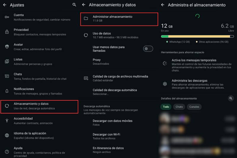 Dentro de la app, podemos controlar cuánto espacio esta podrá ocupar en el teléfono, así como ver cuáles son los archivos y chats más pesados.