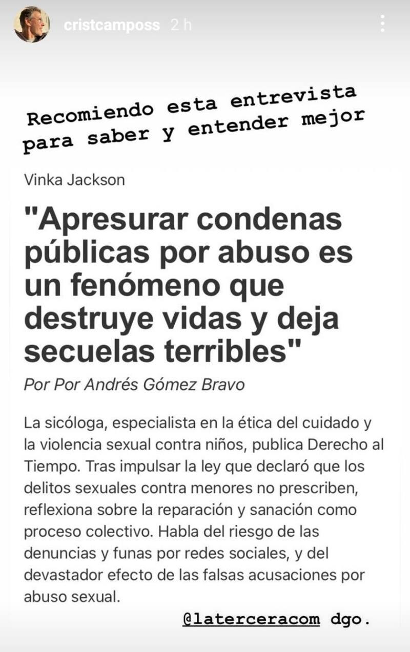 Cristián Campos compartió entrevista a sicóloga. Créditos: Instagram
