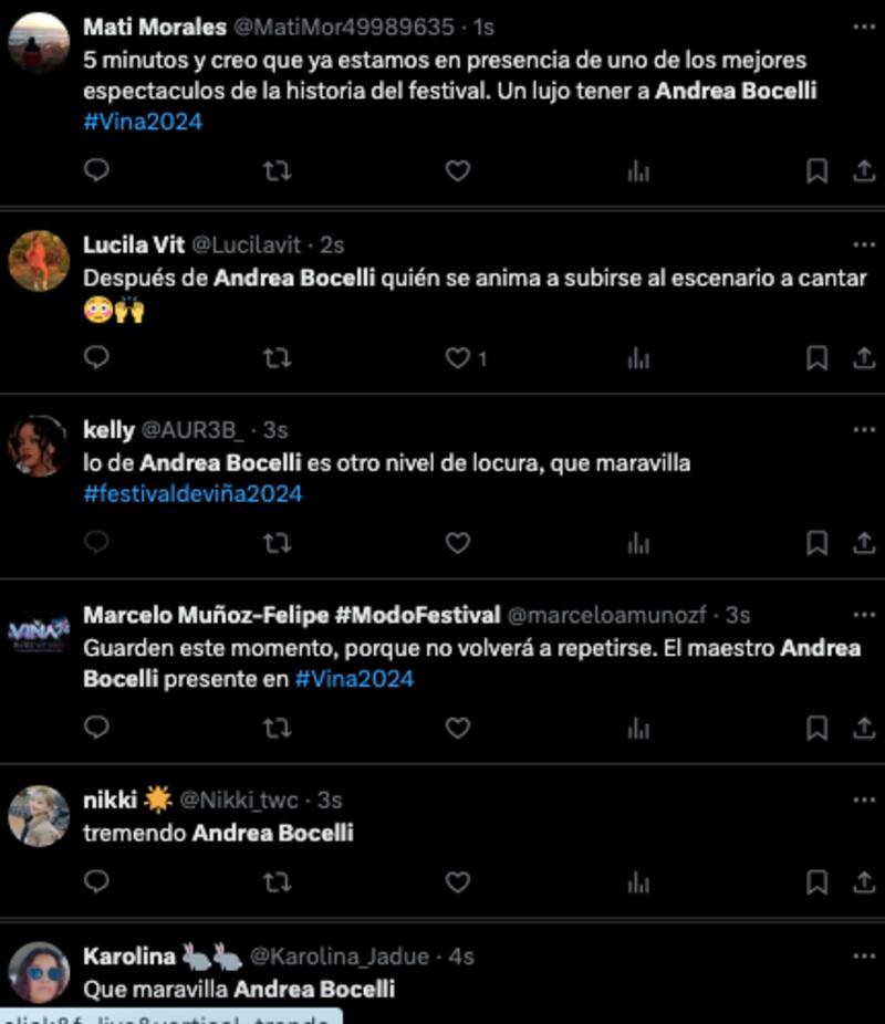 Reacciones del show de Andrea Bocelli en el Festival de Viña 2024.