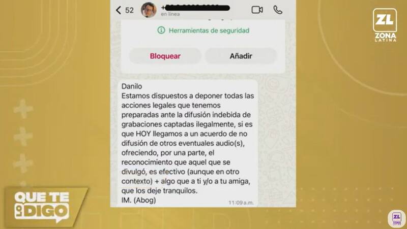 El supuesto mensaje de los abogados recibido por Danilo 21. Créditos: Captura Zona Latina