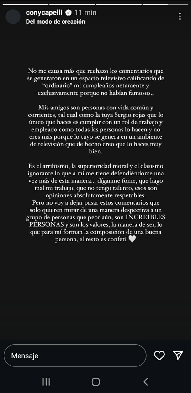 La panelista de Plan Perfecto haciendo una declaración en sus historias de Instagram.