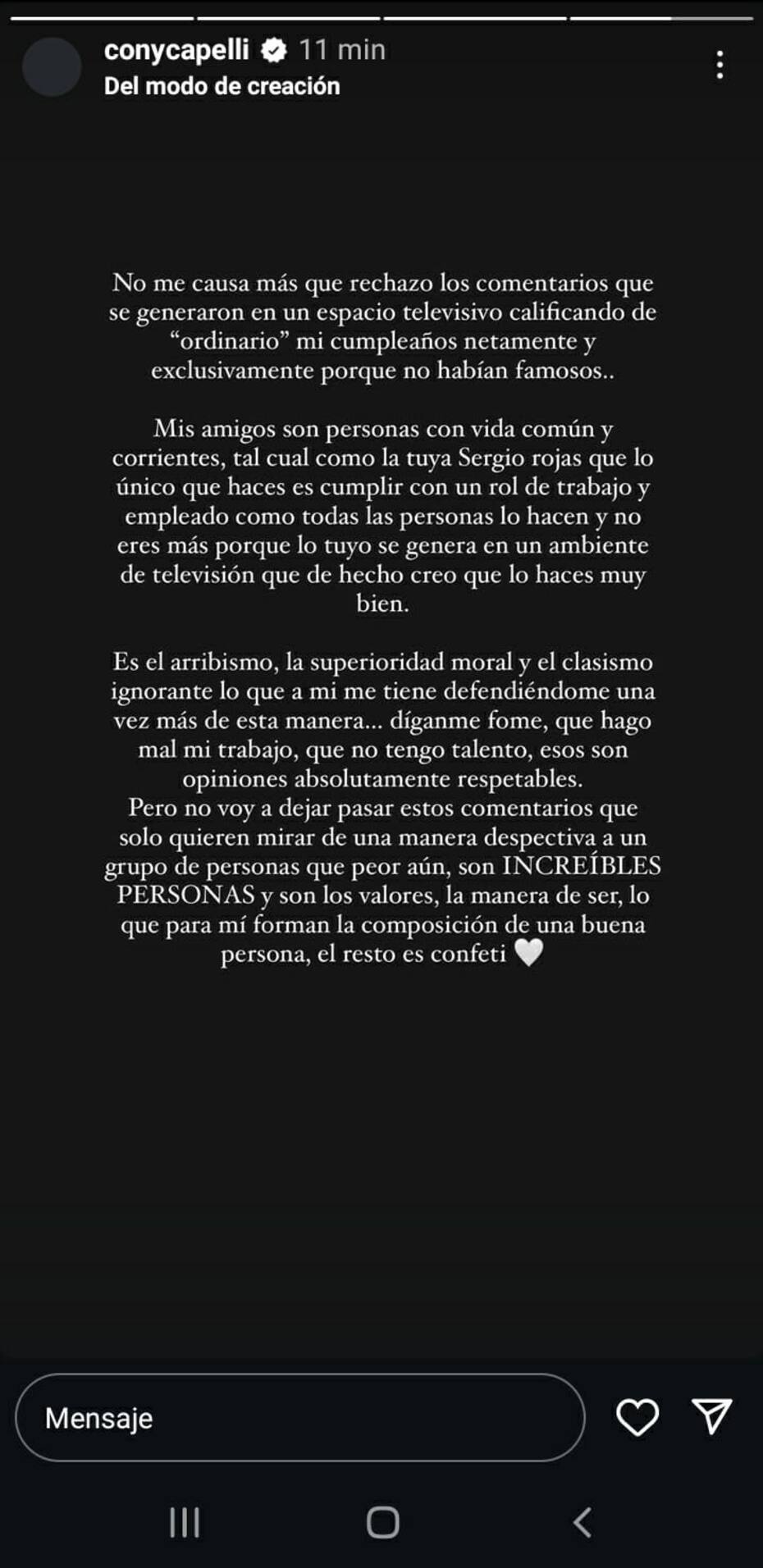 La panelista de Plan Perfecto haciendo una declaración en sus historias de Instagram.
