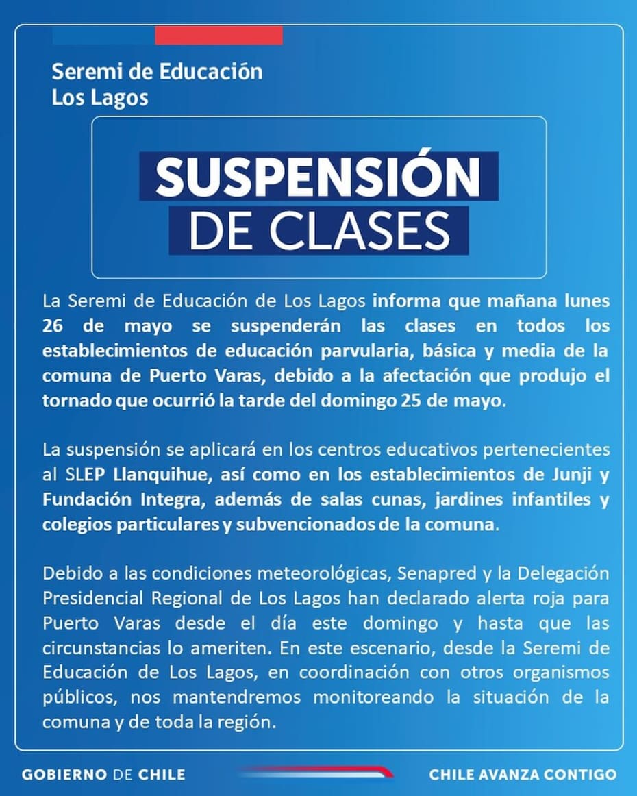 La medida también aplicará para los establecimientos educacionales particulares y subvencionados de Puerto Varas.