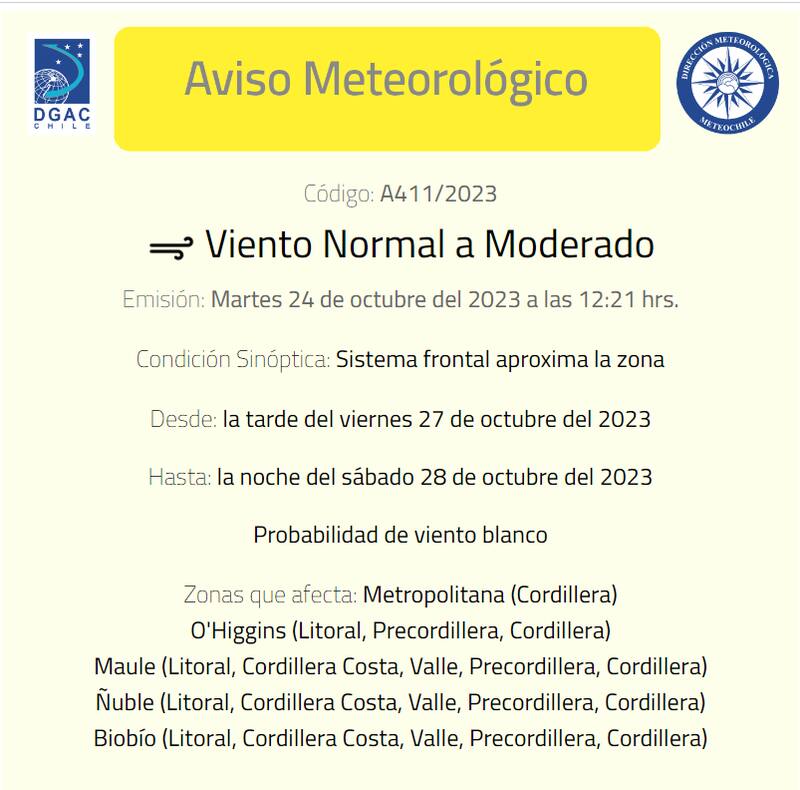La probabilidad de “viento blanco” se desarrollará a partir de la tarde del viernes 27 hasta la noche del sábado 28 de octubre.