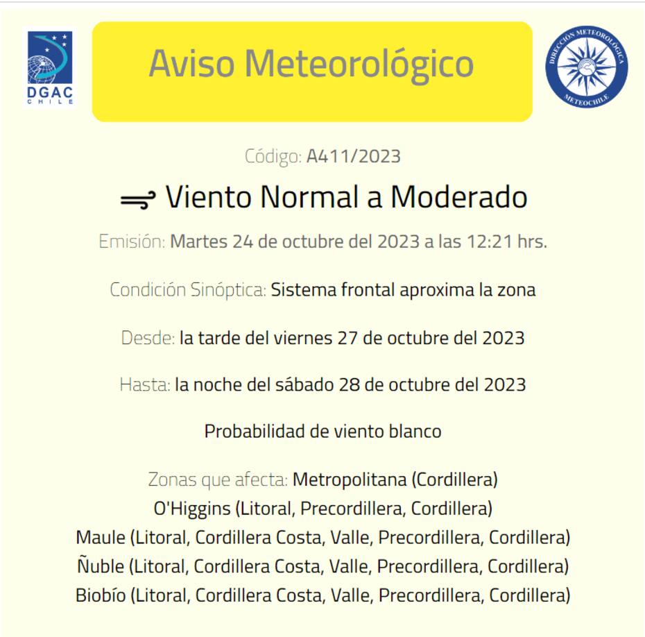 La probabilidad de “viento blanco” se desarrollará a partir de la tarde del viernes 27 hasta la noche del sábado 28 de octubre.