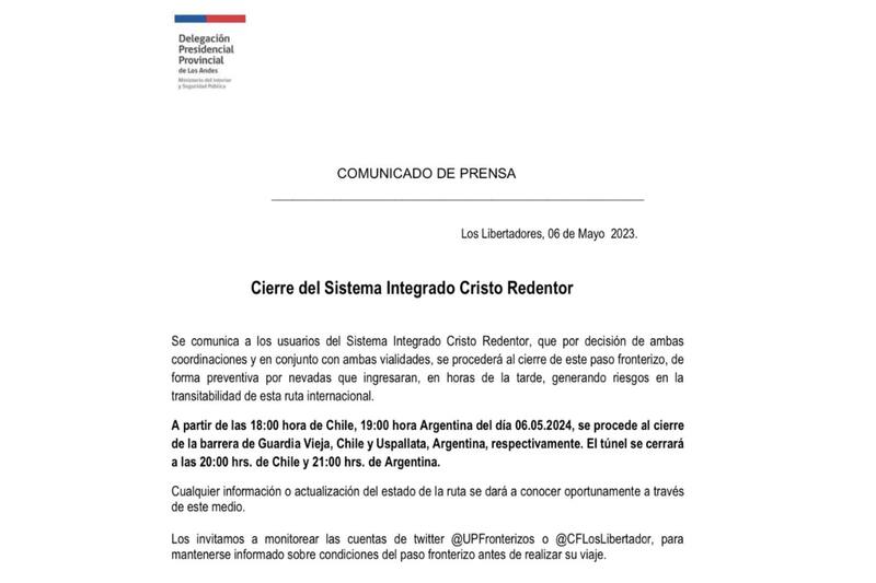 Anuncian el cierre preventivo del paso por nevadas.