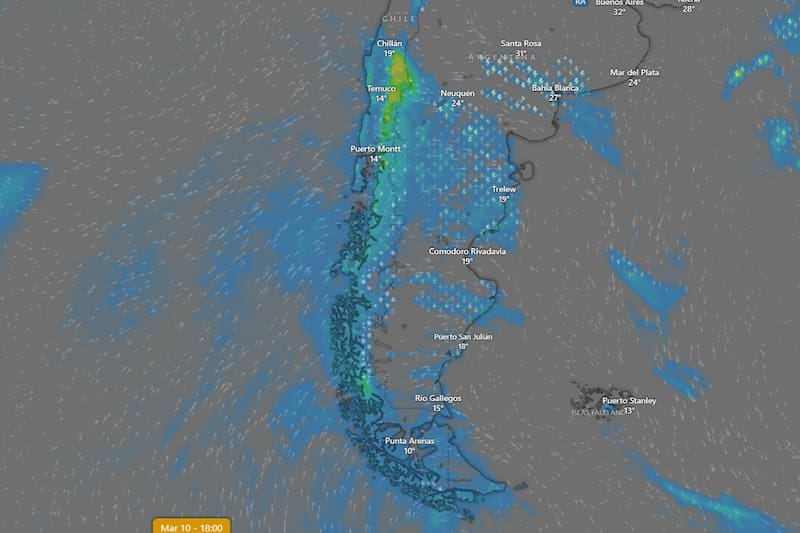 Las precipitaciones se extenderán entre las regiones de Magallanes y O’Higgins durante este martes, alcanzando su peak a eso de las 18:00 horas. Créditos: Windy.
