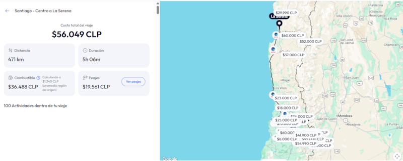 De acuerdo al planificador de viajes de Chiletur, este es el costo aproximado de viajar en auto entre la Región Metropolitana y la región de Coquimbo.
