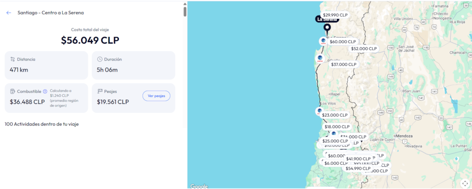 De acuerdo al planificador de viajes de Chiletur, este es el costo aproximado de viajar en auto entre la Región Metropolitana y la región de Coquimbo.