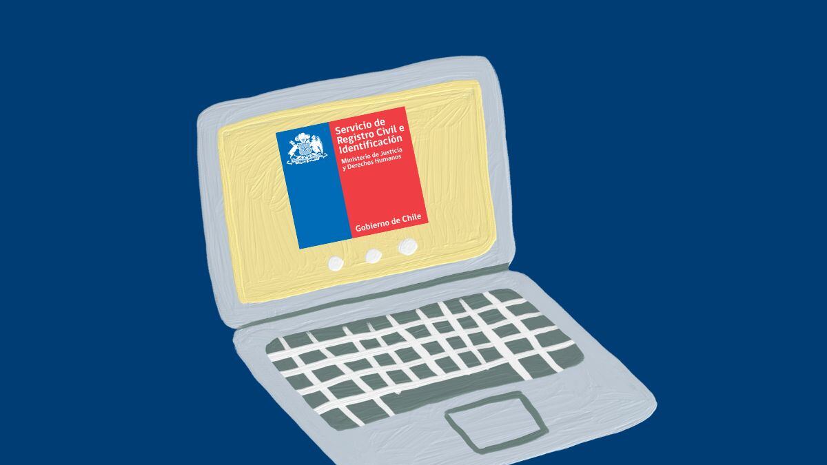 Computador con el logo del Registro Civil sobre un fondo azul.