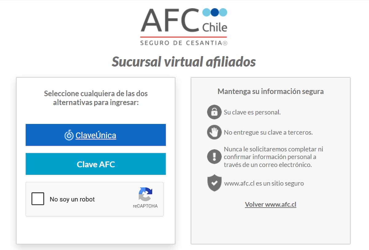 A través de este sitio web se puede conocer el saldo disponible en el Seguro de Cesantía. Foto: Sucursal Virtual AFC.