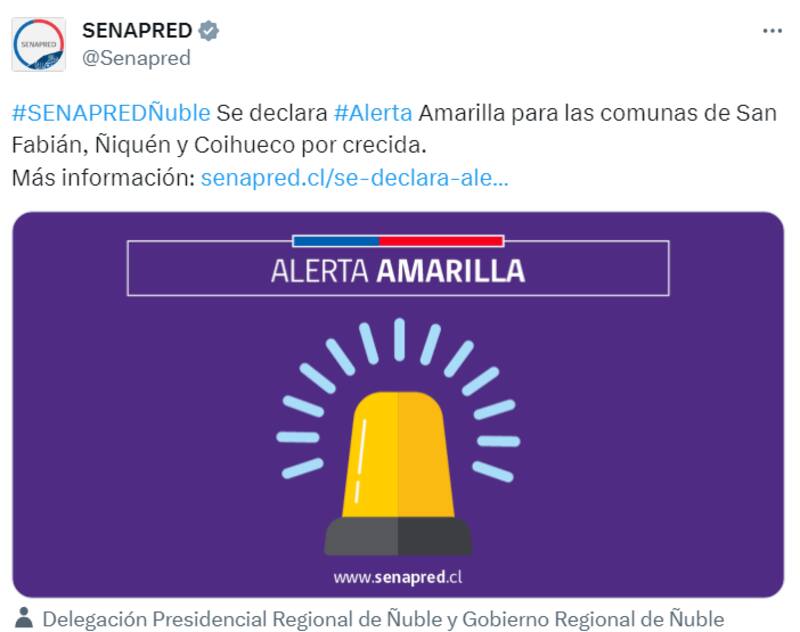 Este fue el tuit de Senapred.