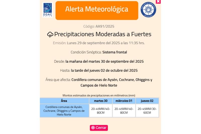 La Región de Aysén se verá afectada por precipitaciones.
Créditos: DMC.