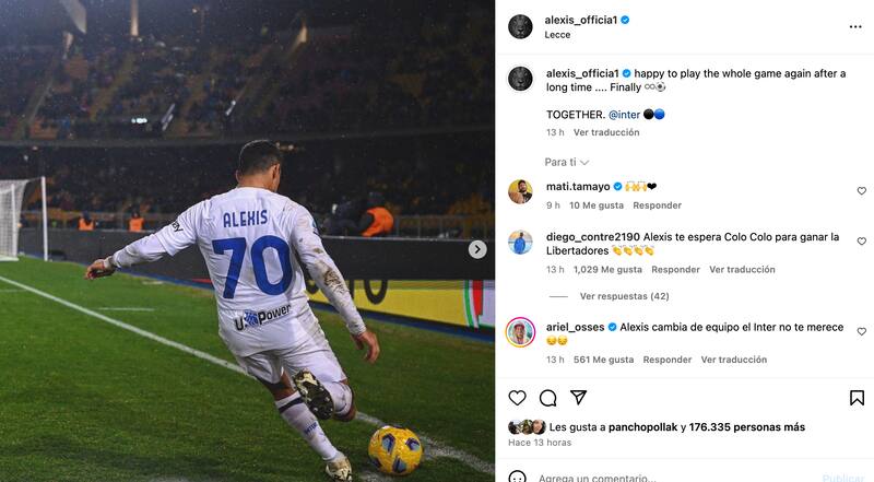 Alexis Sánchez se mostró feliz por haber vuelto a jugar un partido completo.