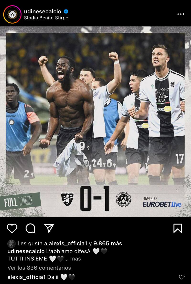 Alexis Sánchez celebró la permanencia del Udinese en Serie A.