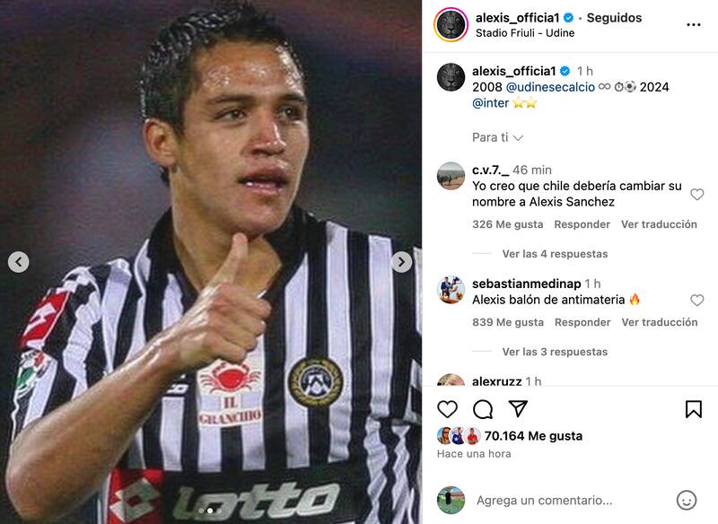 Alexis Sánchez agradeció en Instagram el cariño que le brindaron fanáticos del Udinese e Inter. (Foto: Instagram @alexis_officia1)