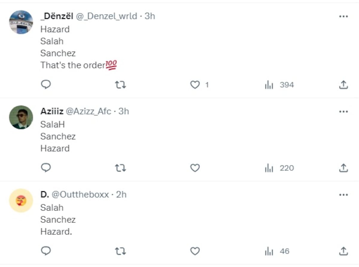 Hinchas ingleses debaten sobre el primer de Alexis Sánchez, Eden Hazard o Mohamed Salah.