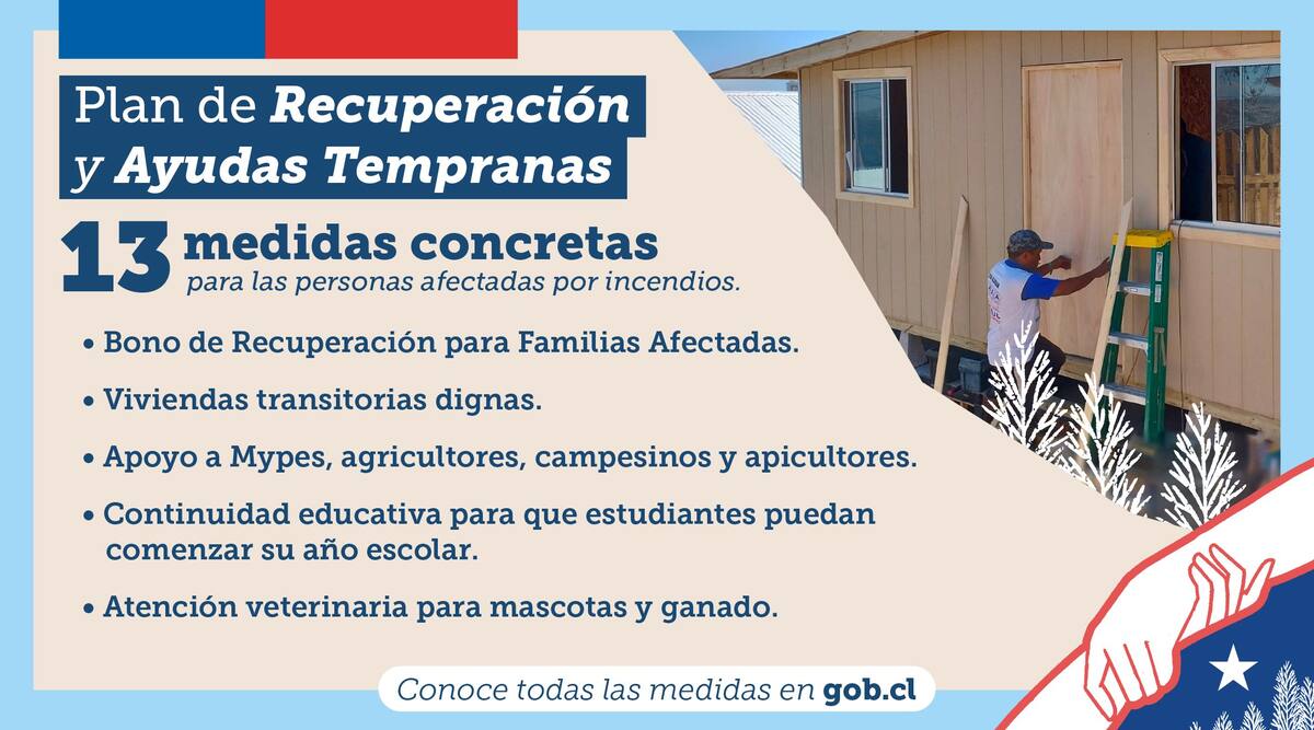 Gobierno anunció ayudas sociales para damnificados por incendios forestales en la zona centro-sur del país.