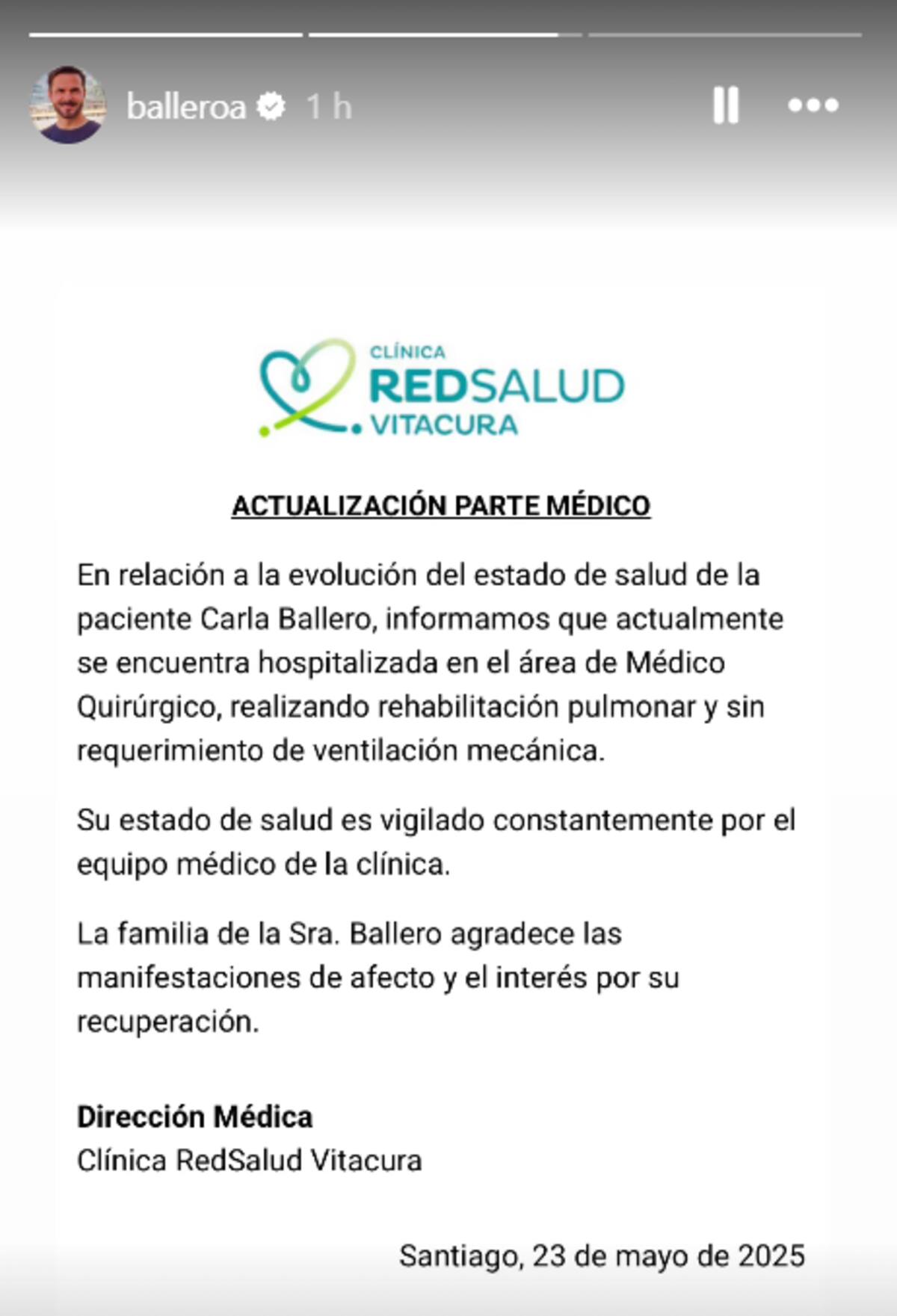El hombre compartió un comunicado de la Clínica Red Salud Vitacura.
