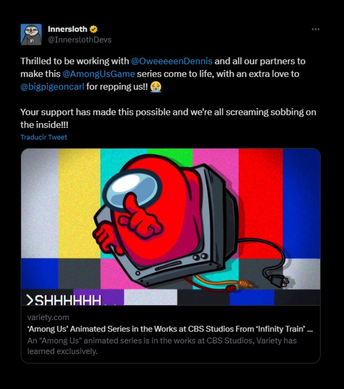Este es el mensaje que el creador del juego dejó en su cuenta de Twitter. Créditos: Innersloth.