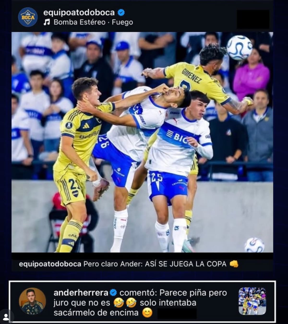 El mensaje del volante de Boca Juniors descargando agresión a jugador de la UC.