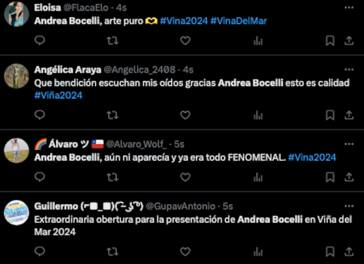 Algunas reacciones del show de Andrea Bocelli en el Festival de Viña 2024.