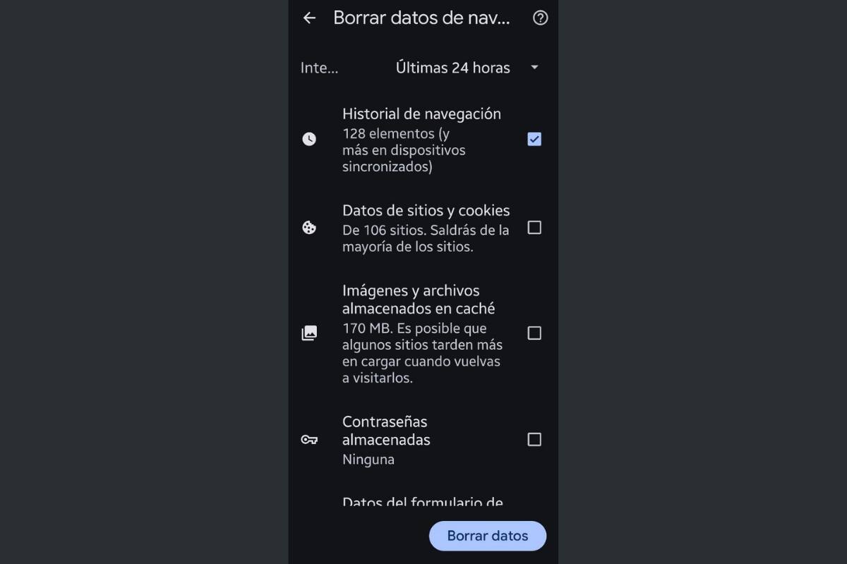 Así deberá verse tus selecciones para que borres solo el historial de internet y nada más.
