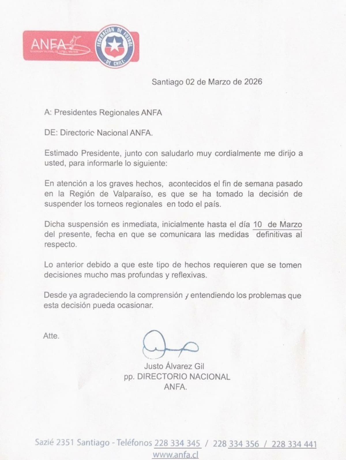 Decidió suspender todos los torneos en el país.