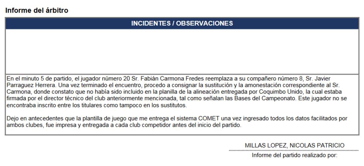 Este es el informe del árbitro Nicolás Millas.