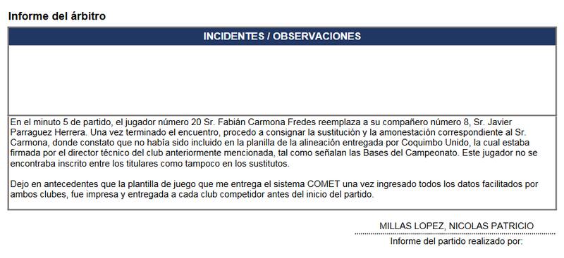 Este es el informe del árbitro Nicolás Millas.