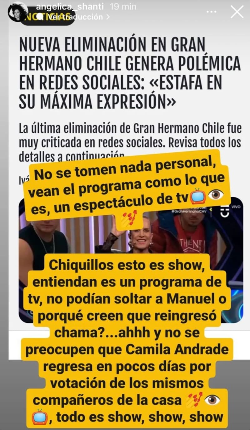 Angélica Sepúlveda dijo que los resultados de la eliminación eran parte del show.