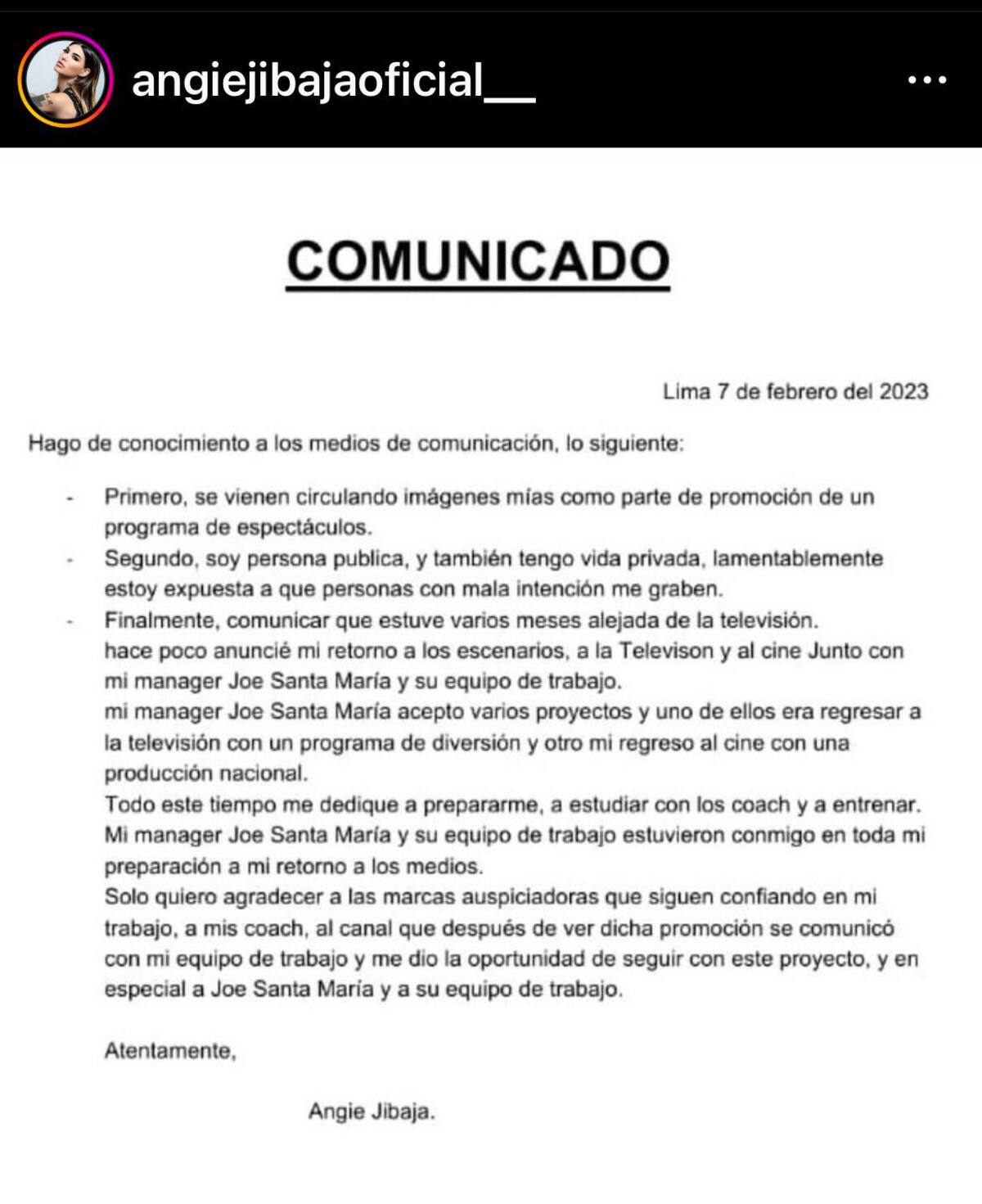 El comunicado que había compartido la actriz en su cuenta de Instagram que posteriormente eliminó.