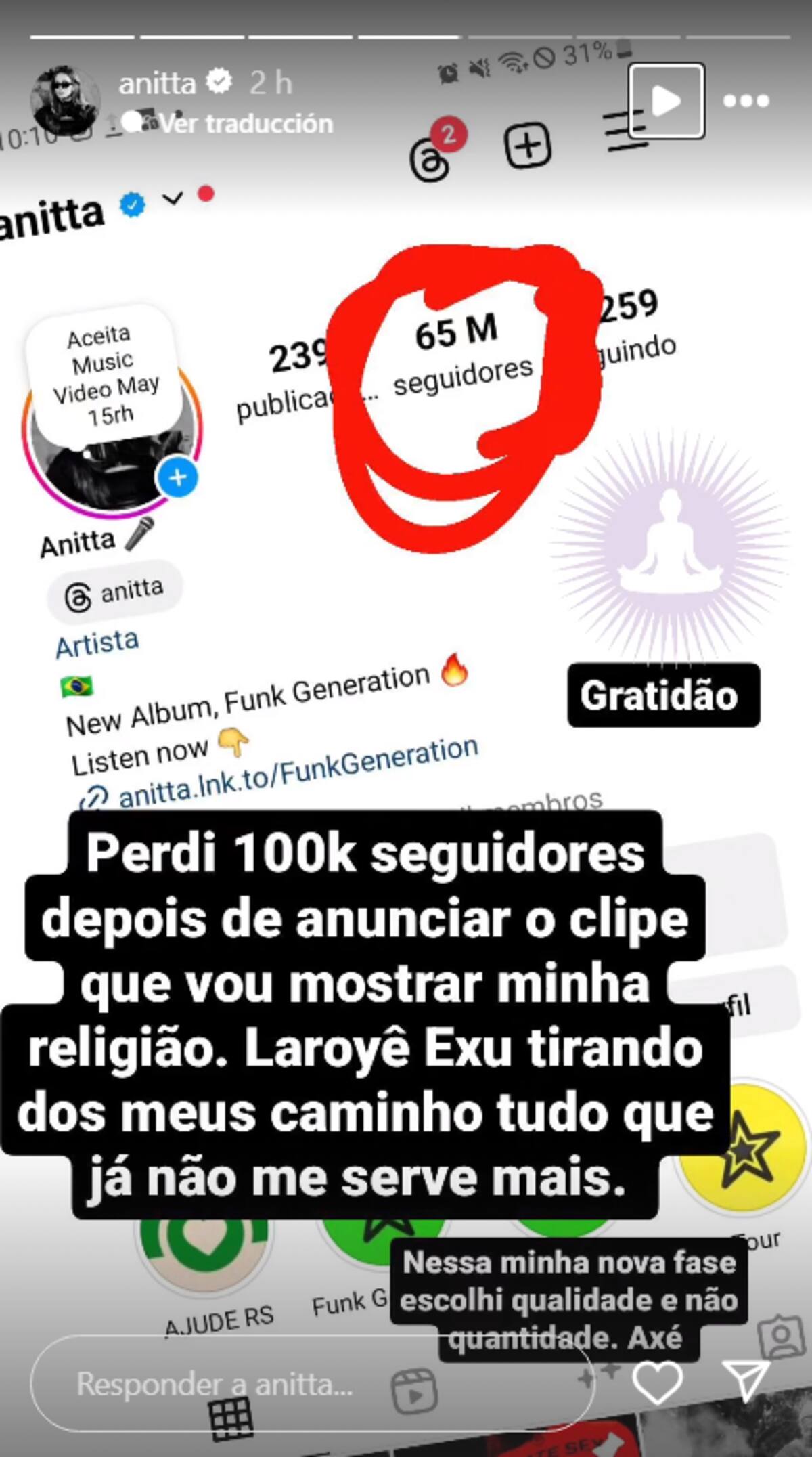 Anitta perdió 100 mil seguidores en Instagram.