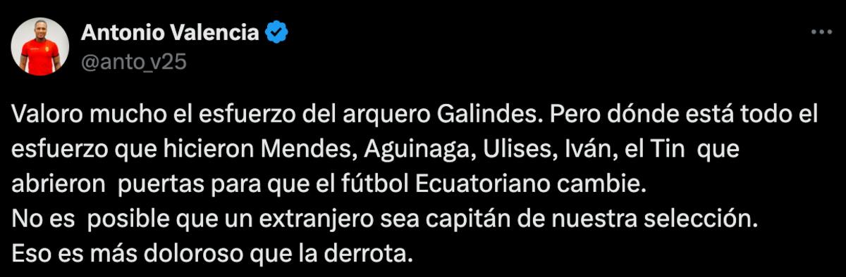Antonio Valencia critica la capitanía de Hernán Galíndez en Ecuador.