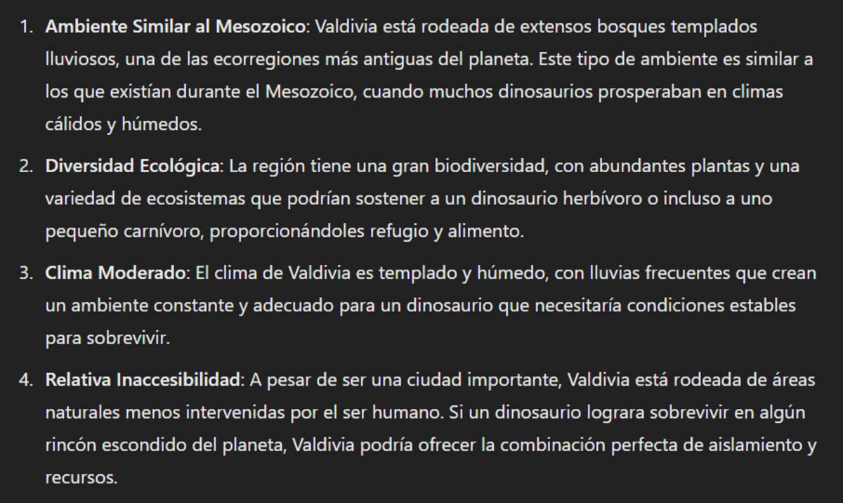 Estas fueron las razones que dio ChatGPT para elegir Valdivia como el lugar de Chile con más probabilidades de que aparezca un dinosaurio.