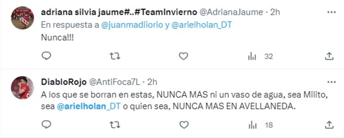 Hinchas de Independiente critican a Ariel Holan por no volver a Independiente de Avellaneda.