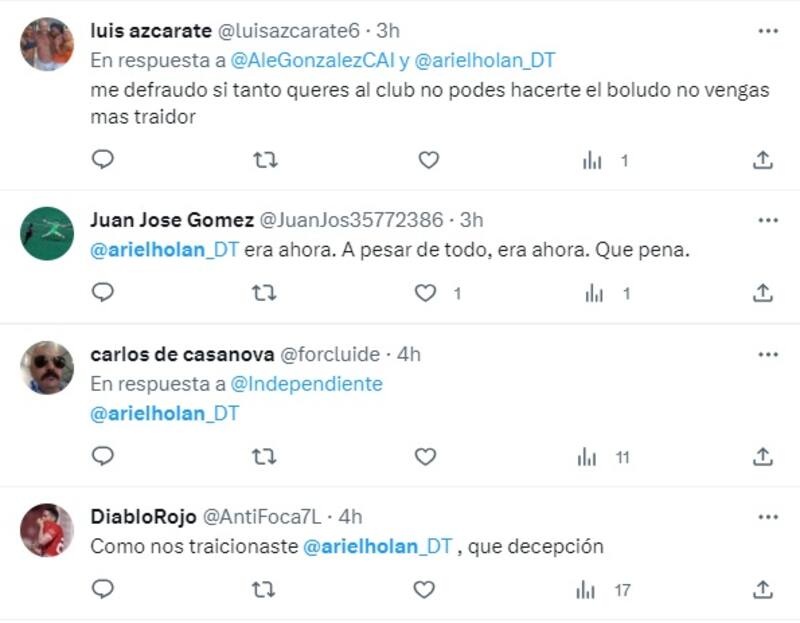 Hinchas de Independiente critican a Ariel Holan por no volver a Independiente de Avellaneda.